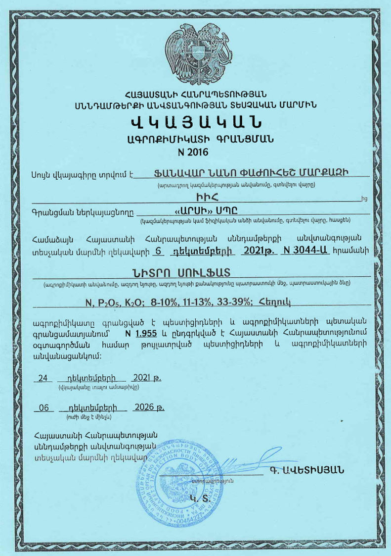 Nitro Sulphate Certificate
