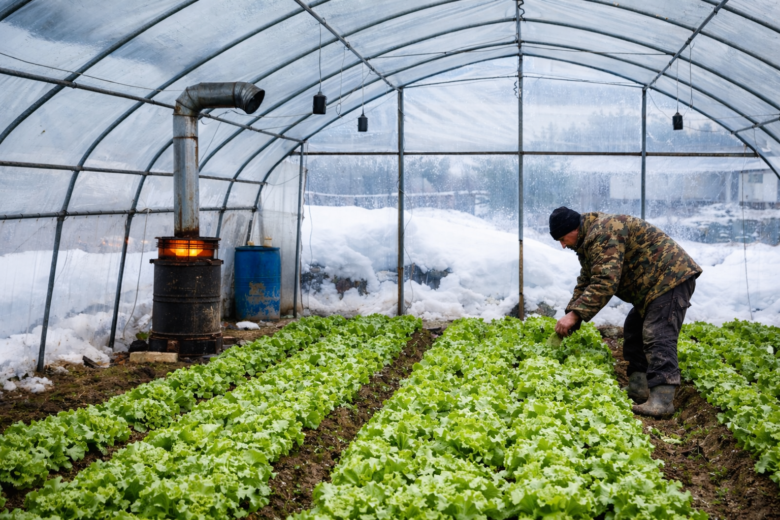 Winter farming in Armenia with crops protected in greenhouses and irrigation systems.